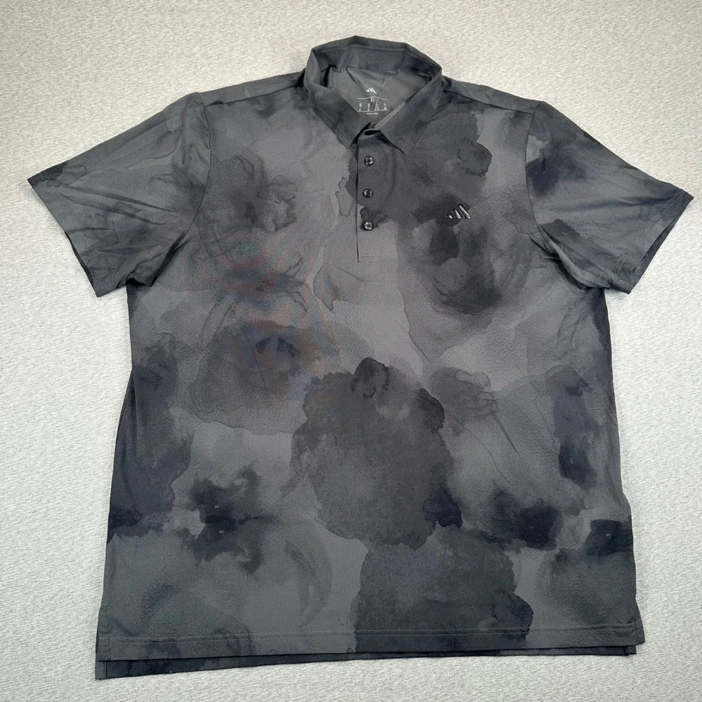 Adidas Golf Polo Shirt Mens XL Grey Black Watercolor Floral Short Sleeve JM0494